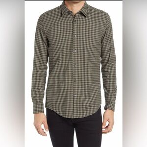 NWOT Boss Hugo Boss Ronni Slim Fit Plaid Button-Up Shirt Khaki Size L